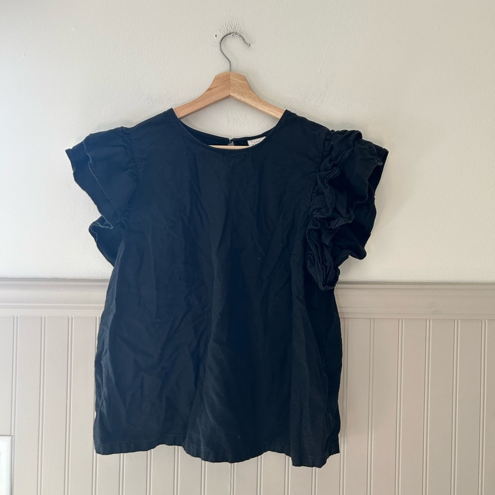 New Day Black Linen-Blend Flutter Sleeve Blouse Size XXL